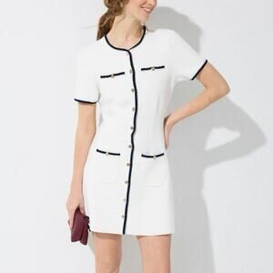 Maje White Short-Sleeve Button Front Knit Maxi Dress with Black Trim